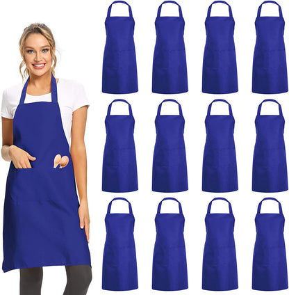 12 Pack Plain Bib Aprons with 2 Pockets - Blue Unisex Commercial Apron Bulk for Kitchen Cooking Restaurant BBQ Painting Crafting