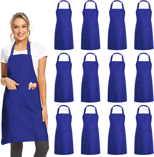 12 Pack Plain Bib Aprons with 2 Pockets - Blue Unisex Commercial Apron Bulk for Kitchen Cooking Restaurant BBQ Painting Crafting