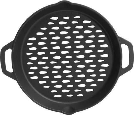 MOASKER 12" Cast Iron round Grill Basket for Veggie Meat Fish, Dual Handle BBQ Grill Topper for Outdoor Grill, Fit for Any Charcoal Smoker & Gas Grills, Nonstick Pan Tray