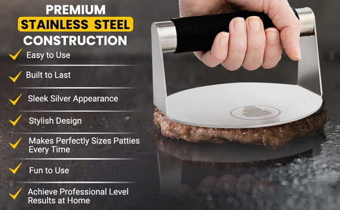 Smash Burger Press - Stainless Steel Burger Smasher for Griddle with Heat-Proof Handle - Easy Clean & Rust Resistant- 5.5" - Hamburger Press for Griddle & Flat Tops