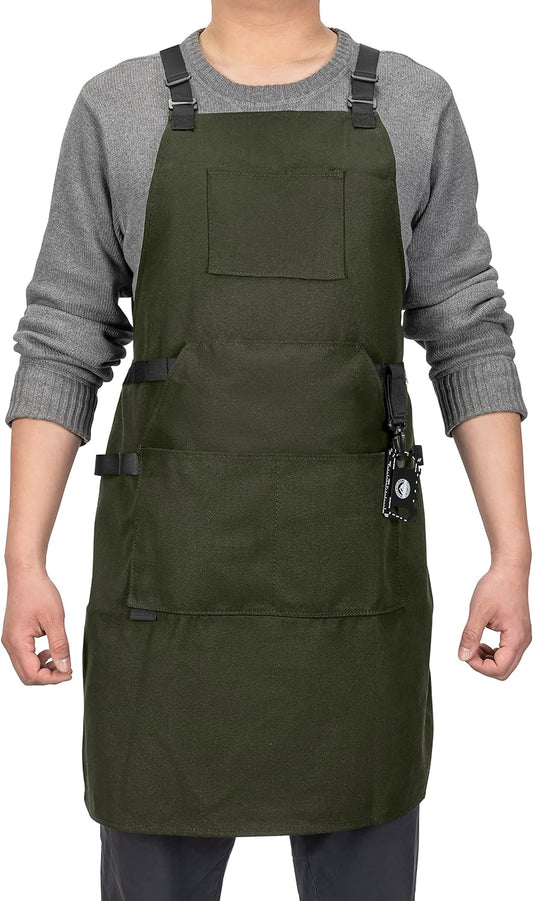 Chef Apron, Heavy Duty 12Oz Canvas, Cross Back and Neck Straps, 43-In-1 Multitool, Tactical Buckle and Clip
