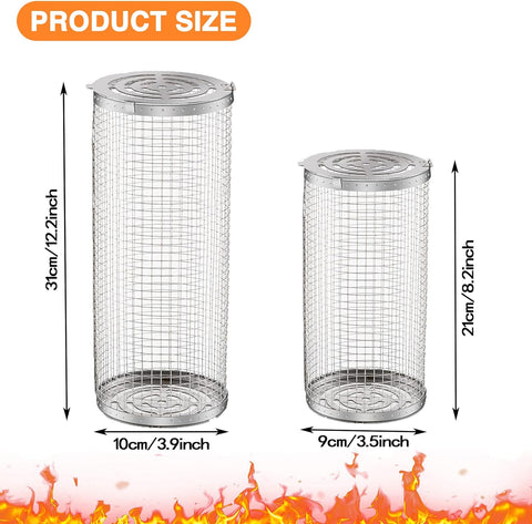 Image of 2PCS Rolling Grilling Basket - Rolling Grilling Baskets for Outdoor Grill, Stainless Steel Wire Mesh Cylinder Grill Basket, BBQ Accessories, Camping Barbecue Rack for Vegetables, Fish