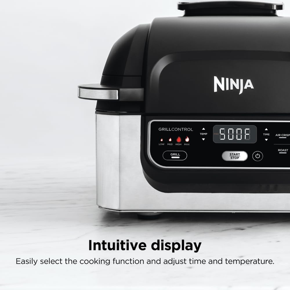 AG301 Foodi 5-In-1 Indoor Electric Grill with Air Fry, Roast, Bake & Dehydrate - Programmable, Black/Silver