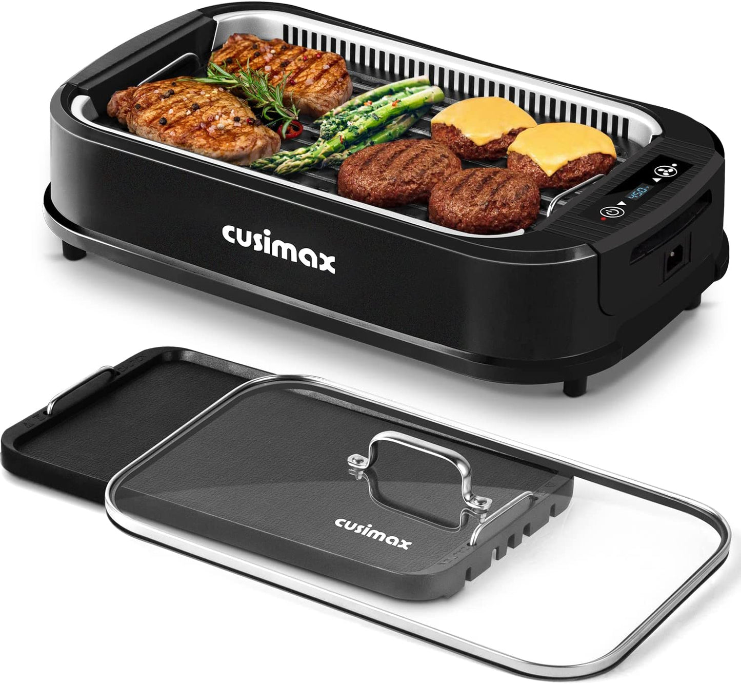 Indoor Grill,  Smokeless Grill Indoor, 1500W Electric Grill Griddle Korean BBQ Grill with LED Smart Display & Tempered Glass Lid, Non-Stick Removable Grill Plate & Griddle Plate, Black