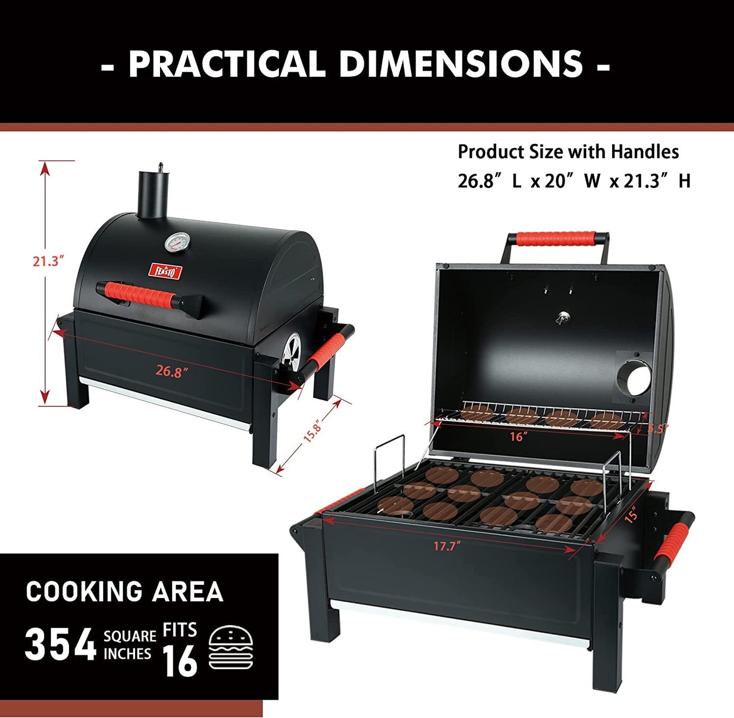 Feasto Portable Charcoal Grill Grates with Cast Iron Grill, Anti-Scalding Handles,Tabletop Grill with 354 Square Inches Cooking Area, for Outdoor Camping and Picnic, Black, L26.8’’X W20’’X H21.3’’