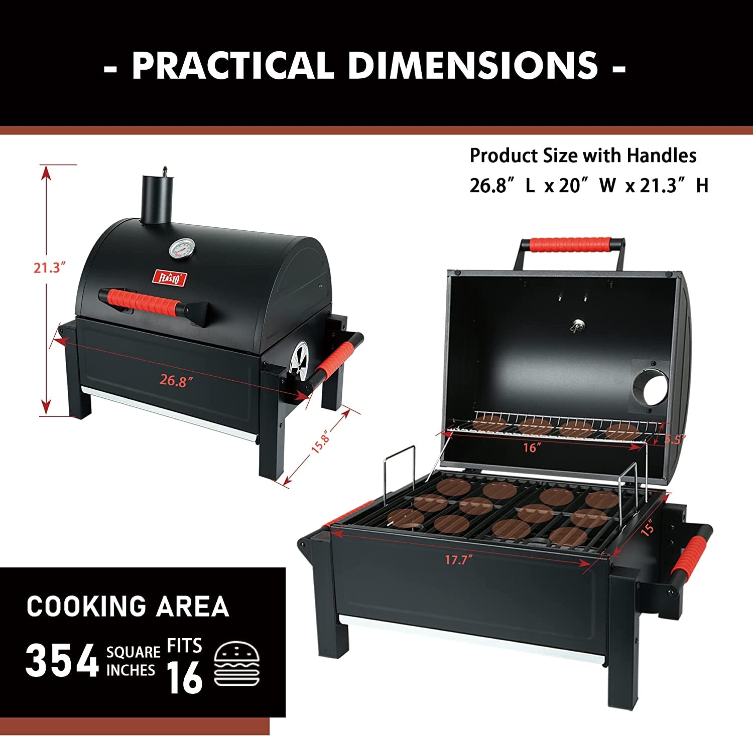 Feasto Portable Charcoal Grill Grates with Cast Iron Grill, Anti-Scalding Handles,Tabletop Grill with 354 Square Inches Cooking Area, for Outdoor Camping and Picnic, Black, L26.8’’X W20’’X H21.3’’