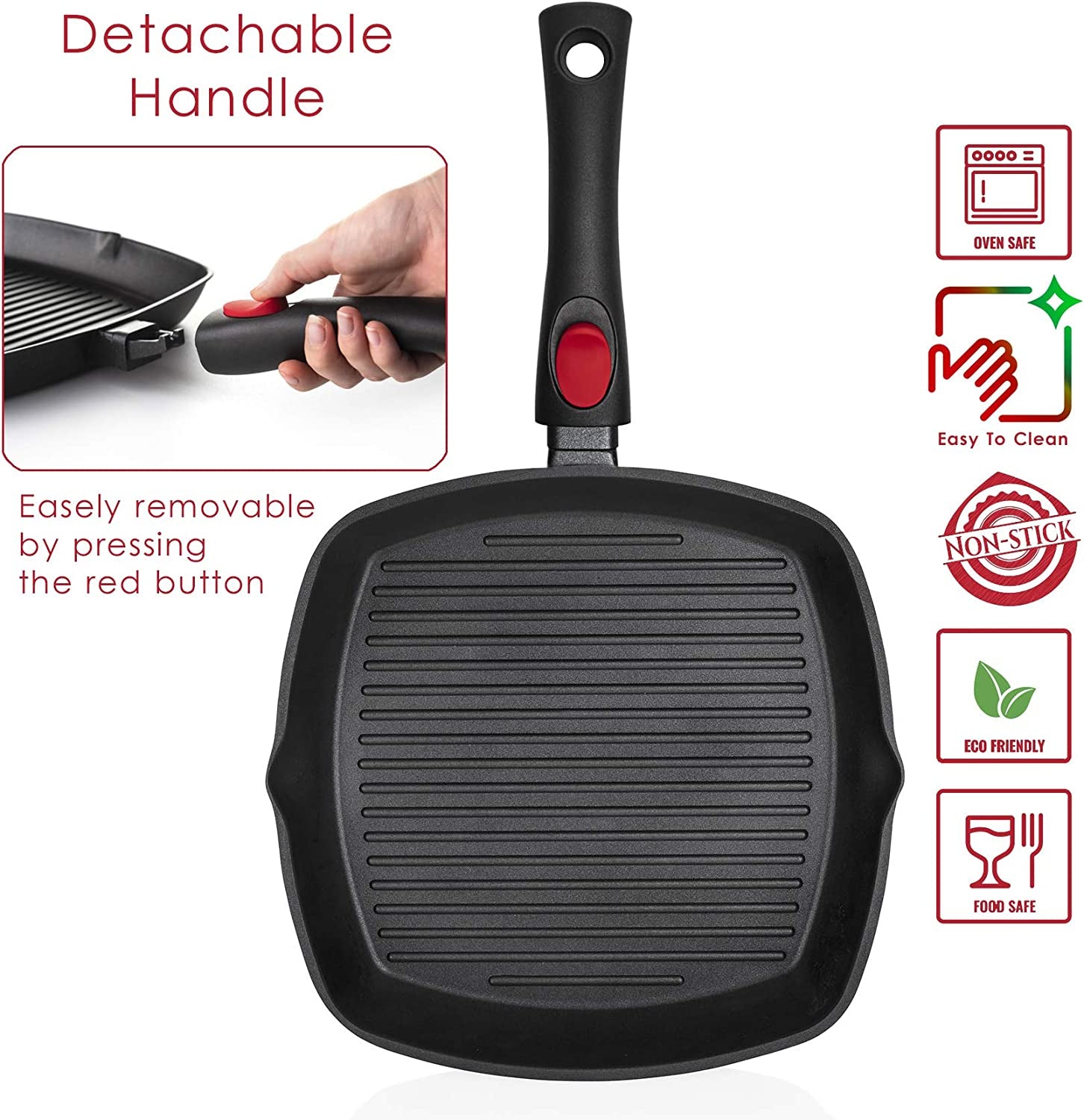 Square Die Casting Aluminum Grill Pan, Removable Handle Griddle Nonstick Stove Top Grill Pan, for Meats & Vegetables, Dishwasher Safe 11In Square Pan with Detachable Handle