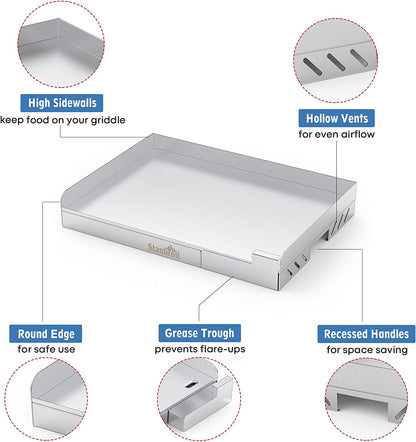 Universal Stainless Steel Grill Griddle with Even Heat Cross Bracing for BBQ Charcoal/Gas Grills, Camping, Tailgating, and Parties 18” X 12.5”