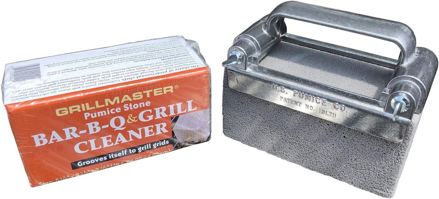 Grillmaster Combo - 2 X Grill Cleaning Pumice Bricks + Aluminum Grill Brick Holder, Use to Clean Restaurant Flat Top Grills or Griddles, Remove Carbon, Grease and More without Harsh Chemicals