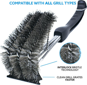 Grill Brush and Scraper - 360 Straight Edge - Compatible with Weber and Pellet Grill Brands - BBQ Cleaner Fits All Grills, Stainless Steel, Cast Iron, Porcelain - Flex Grip Handle