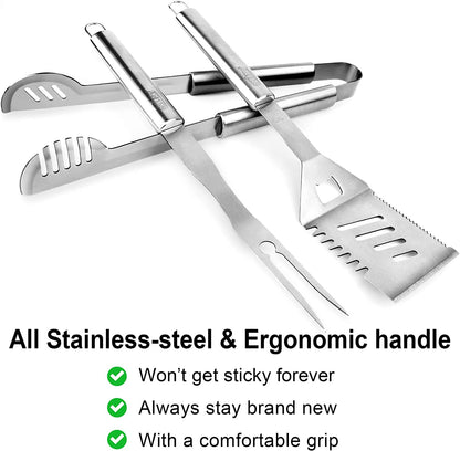 Grill Tools Grill Utensils Set - 3PCS BBQ Tools, Stainless Barbeque Grill Accessories - Spatula/Tongs/Fork, with Insulated Glove, Ideal BBQ Set Grilling Tools for Outdoor Grill, Gifts for Men