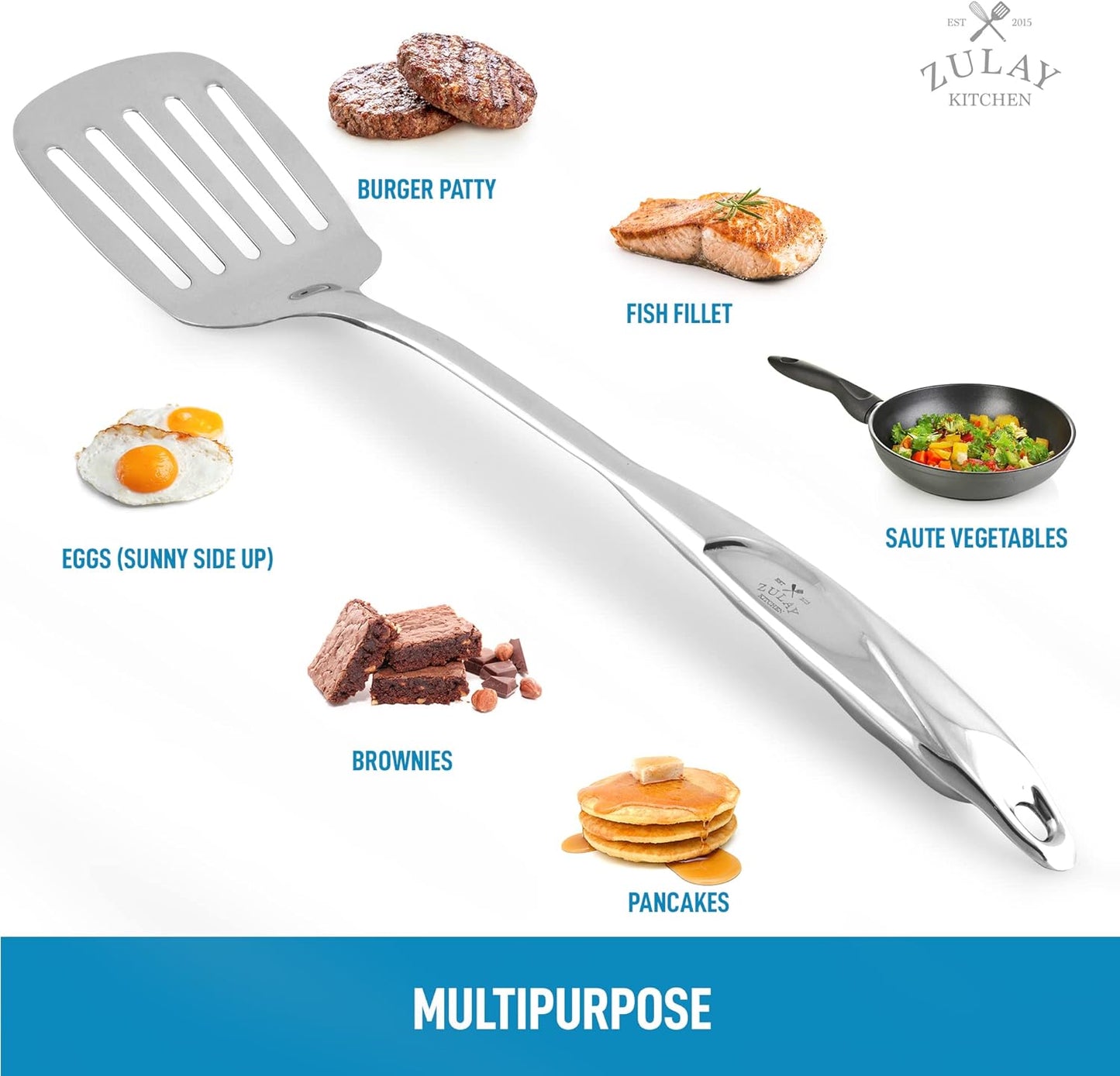 Zulay Kitchen Heavy Duty Stainless Steel Metal Spatula - 14.8" Stainless Steel Spatula for Cooking - Spatula Stainless Steel for Frying - Ergonomic Easy Grip Handle - Slotted Turner Grill Spatula