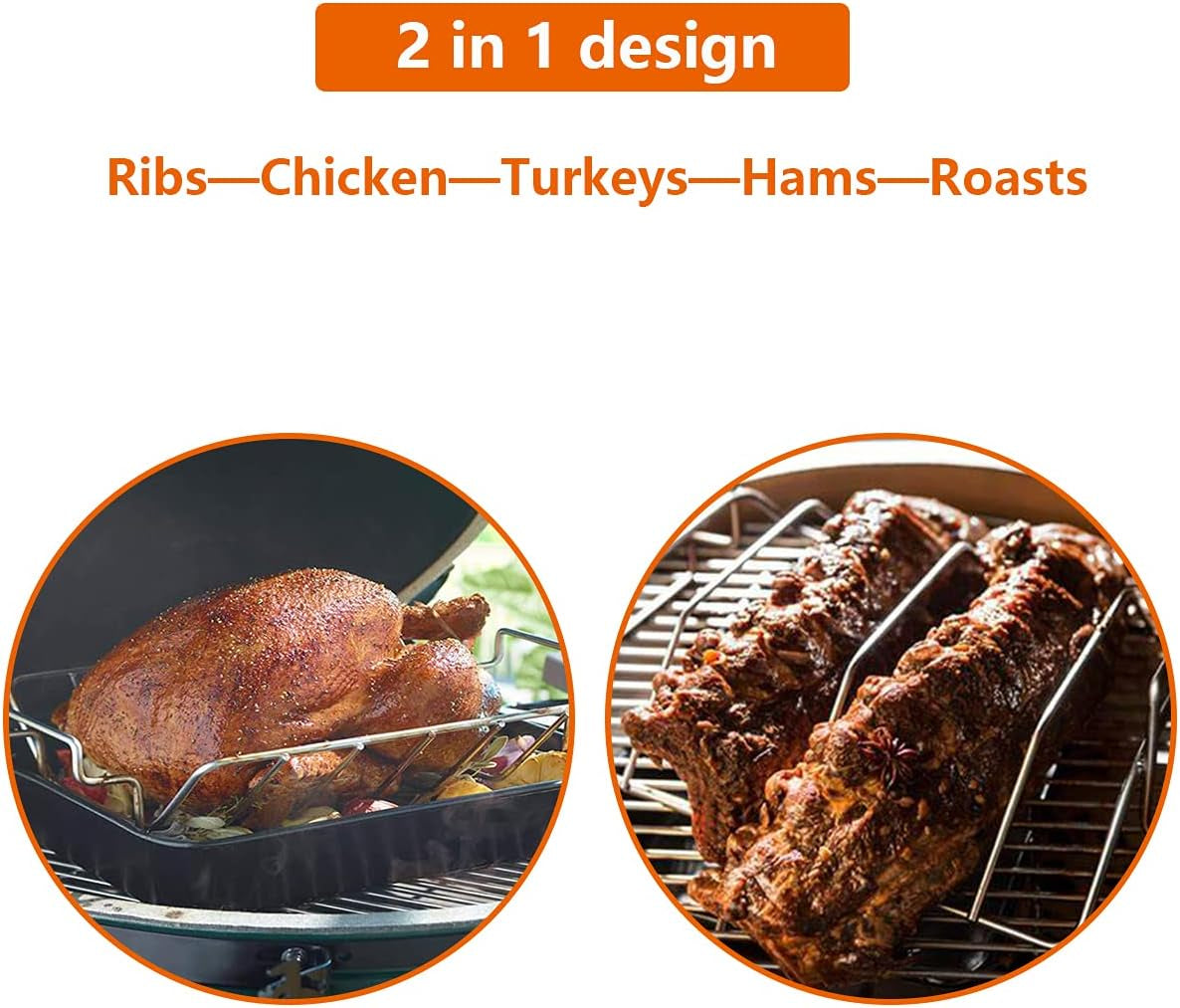 Rib Racks for Big Green Egg, Smoking and Grilling Rib Rack, Big Green Egg Accessories, Turkey Roast Rack Dual-Purpose for Large and Xlarge Big Green Egg,18" or Bigger Kamado Grill,100% Stainless Steel