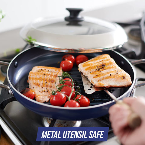 Image of Cookware Diamond Infused Ceramic Nonstick 11" Grill Genie Pan with Lid Pfas-Free Dishwasher Safe Oven Safe Blue