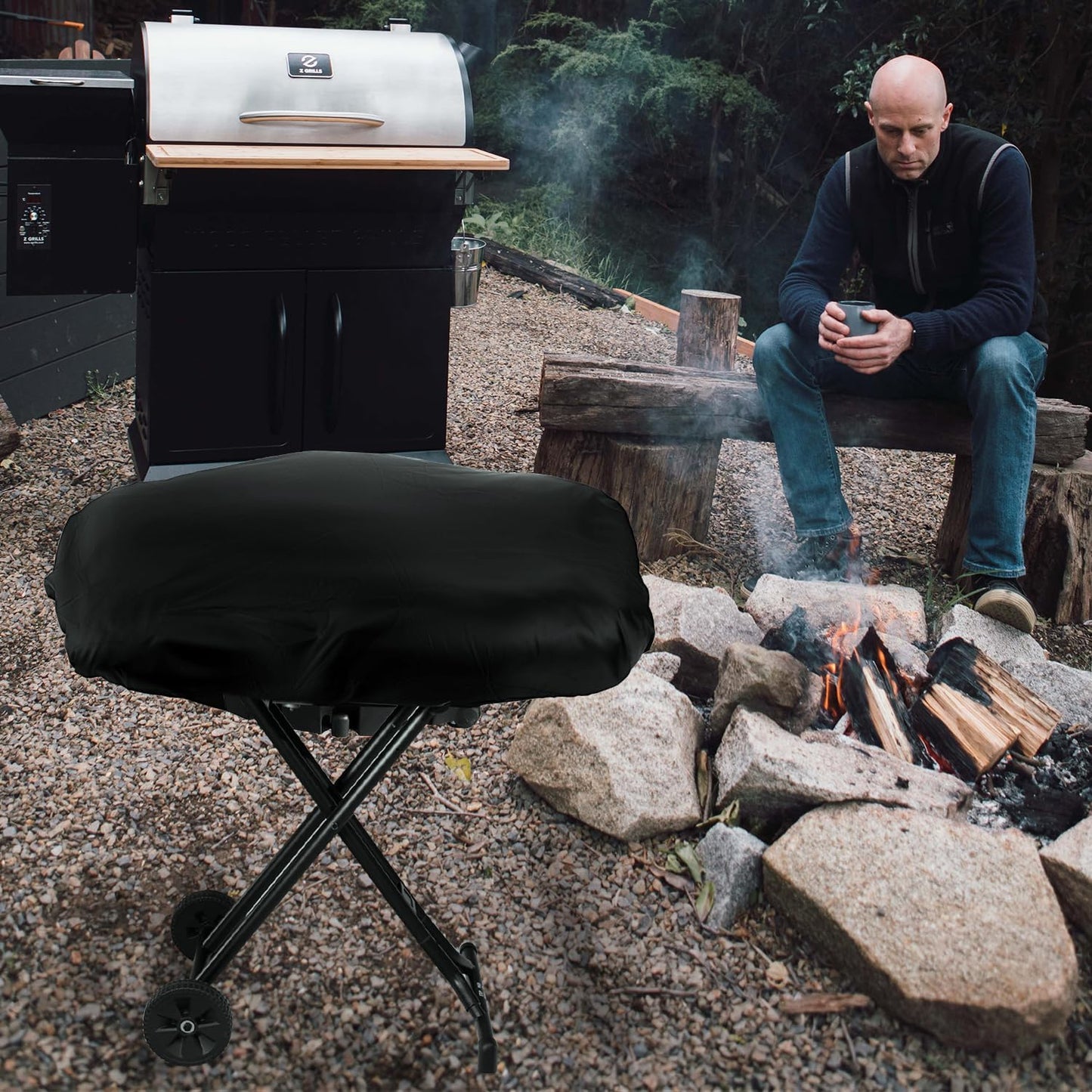 BBQ Grill Cover, Black BBQ Cover Portable Grill Cover Waterproof BBQ Grill Cover Compatible with Coleman Roadtrip LXX, LXE and 285, Adjustable Grill Cover