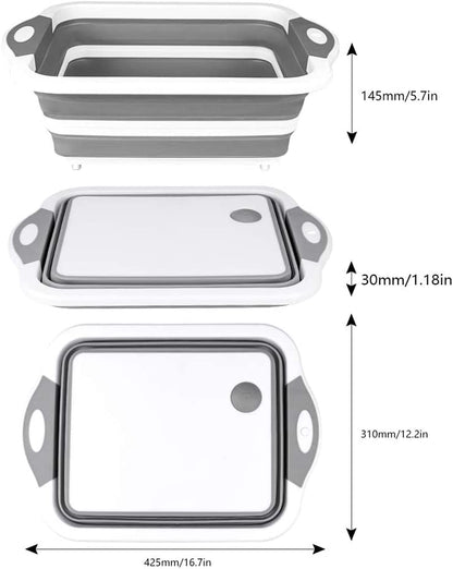 Qimh Collapsible Cutting Board - Foldable Space Saving Multi-Function Kitchen Dish Tub and Camping Sink- Washing and Draining Veggies Fruits Food Grade Storage Basket for Picnic, BBQ Prep and Camping