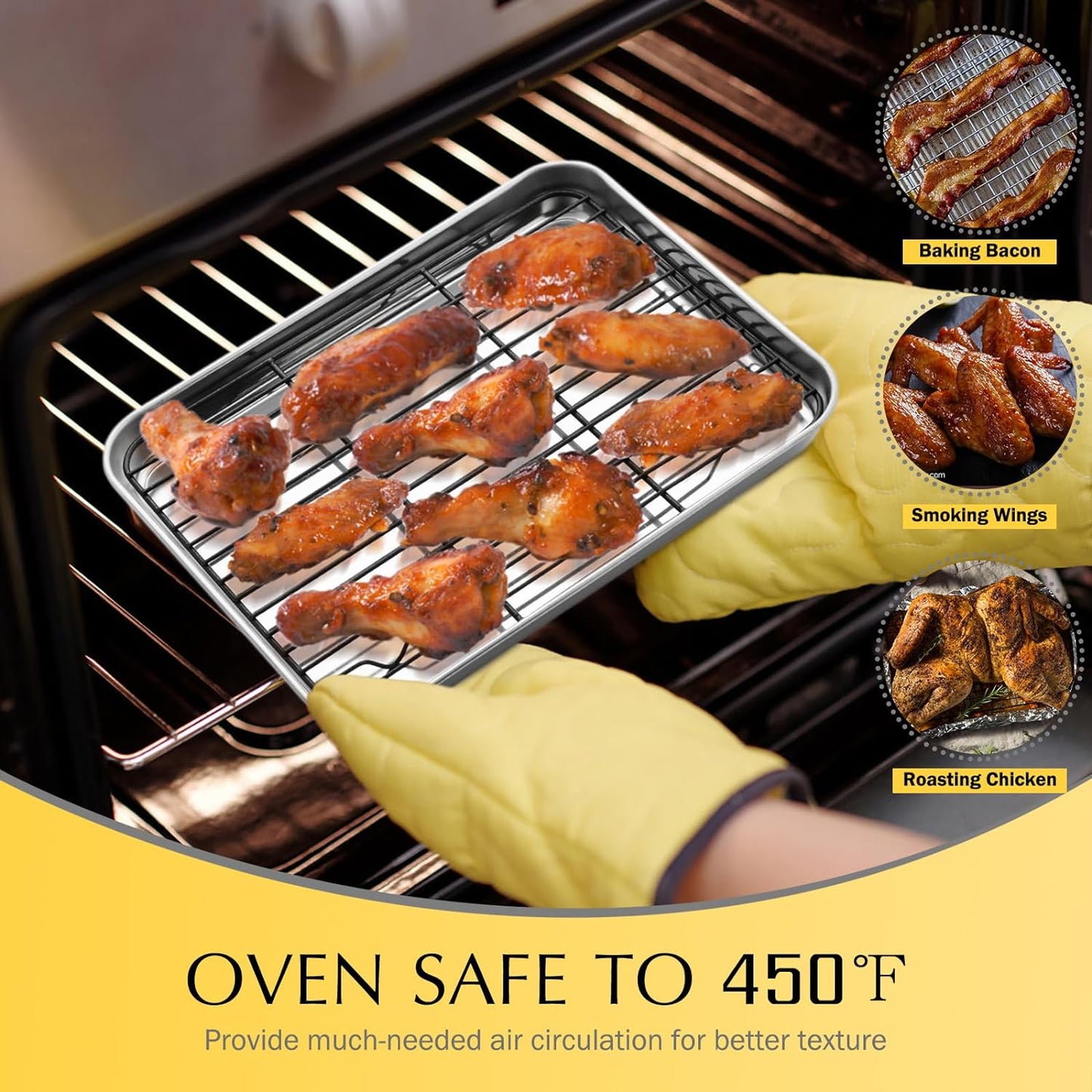 Small Baking Wire Rack Set of 2, E-Far Non-Stick Rack for Toaster Oven Cooking Roasting Broiling Grilling Meat Bacon, 8.7” X 6.2” Metal Bakeable Cooling Rack for Cookie Cake - Easy to Clean