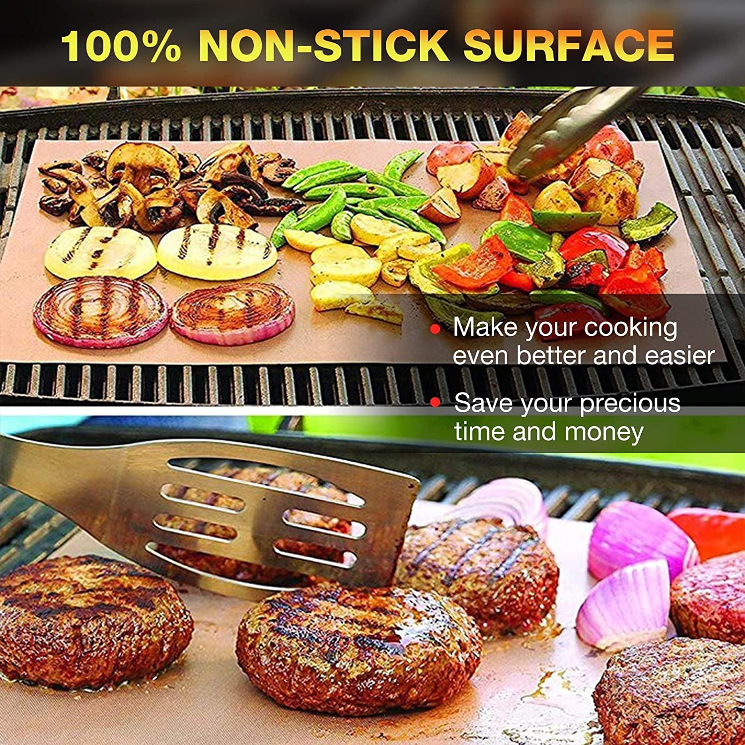 Grill Mats for Outdoor Grill Set of 6 BBQ Grill Mat Copper Grill Mat Heavy Duty Non Stick Reusable and Easy to Clean, Electric Gas Charcoal Grill Outdoor Cooking Tools Accessories RV Camper Must Have