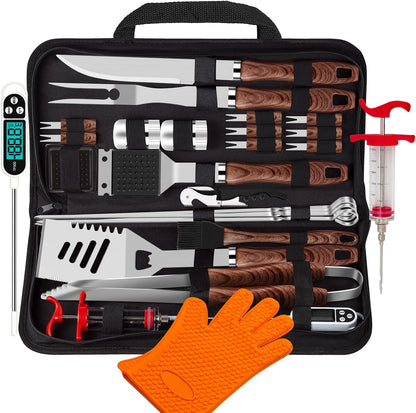 26Pcs Grilling Accessories Kit for Men Women, Stainless Steel Heavy Duty BBQ Tools with Glove and Corkscrew, Grill Utensils Set in Portable Canvas Bag for Outdoor,Camping,Backyard,Brown