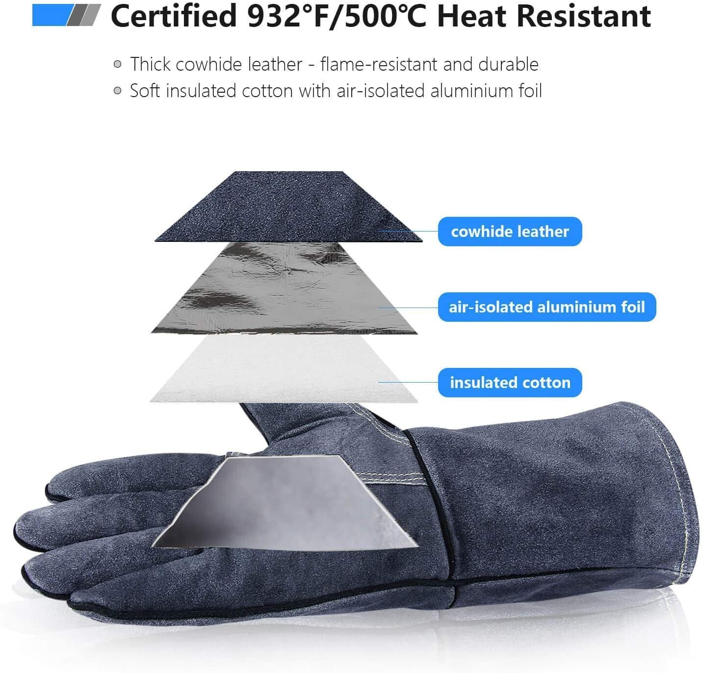 932°F Heat Resistant Forge Welding Gloves 14 Inches Cowhide Leather - Long Sleeve and Insulated Lining Grill Glove for Tig Welder/Mig/Barbecue/Green Egg/Stove Gray