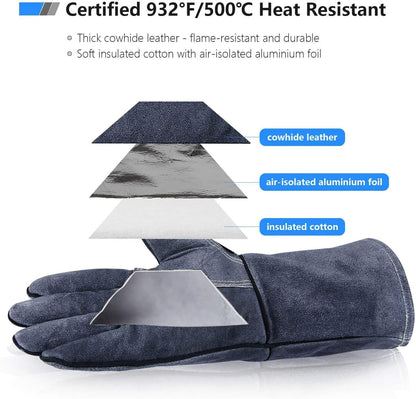 932°F Heat Resistant Forge Welding Gloves 14 Inches Cowhide Leather - Long Sleeve and Insulated Lining Grill Glove for Tig Welder/Mig/Barbecue/Green Egg/Stove Gray