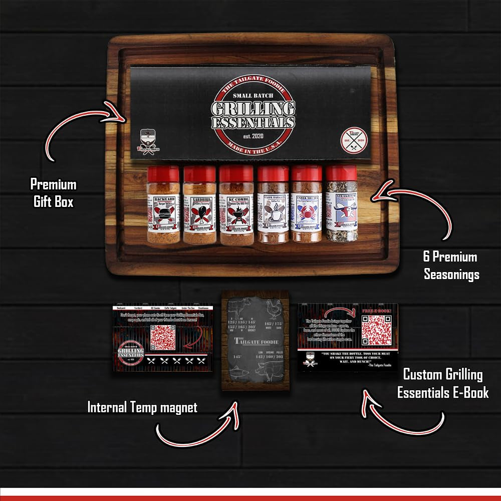 THE TAILGATE FOODIE Rare Pitmaster Gourmet Seasonings | 8 Pc Grill Essentials Gift Set | 6 Secret Competition BBQ Spice Blends for Ribs, Pork, Brisket, Chicken, Fish, Steak **Great Christmas Gift**