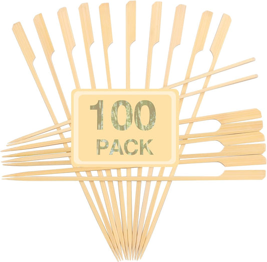 10-Inch Skewer for BBQ Kebab, Unbleached Long Bamboo/Wood Roasting Sticks for Grill -Heavy Duty Thickness -Flat Stick Flag Handle -With Dust-Free Packaging (100-Pack)