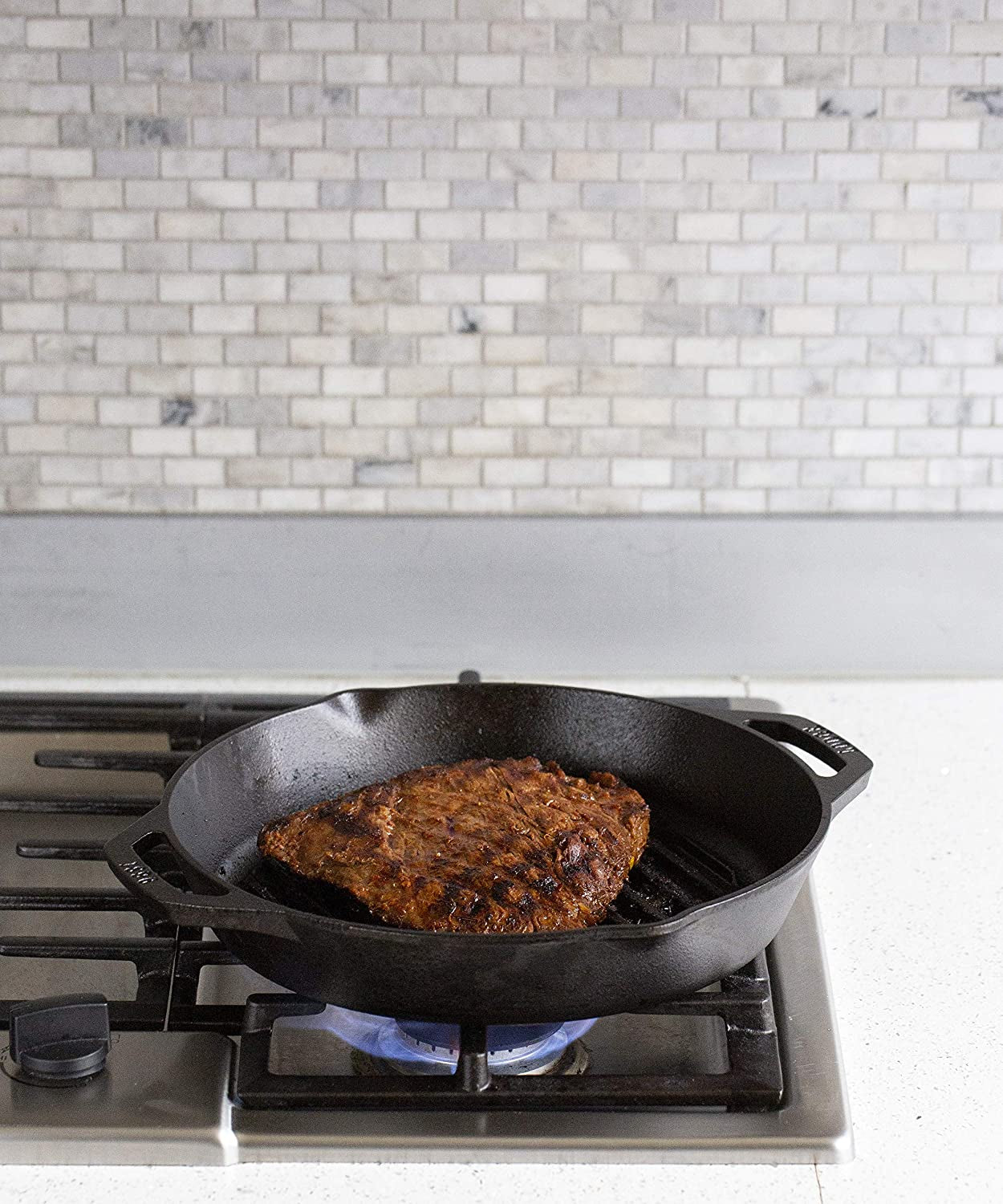 12" Cast Iron Dual Handle Grill Pan, Black