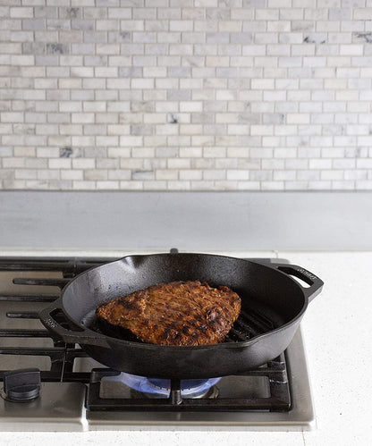 12" Cast Iron Dual Handle Grill Pan, Black