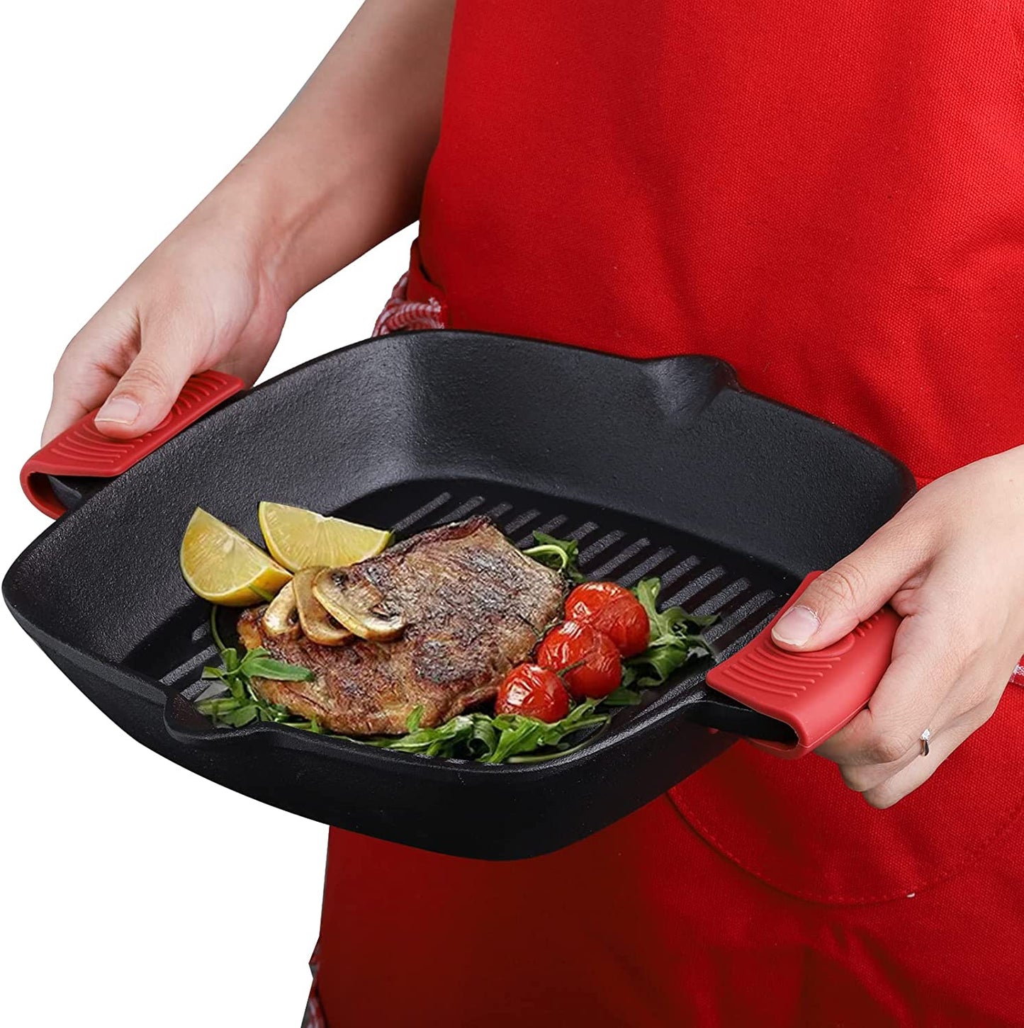 Cast Iron Grill Pan, 10" Square Skillet with Easy Grease Drain Spout and Two Heat Insulated Silicone Handle Cover, Pre Seasoned Grill Pan for Grilling Bacon, Steak, Meats, Camping