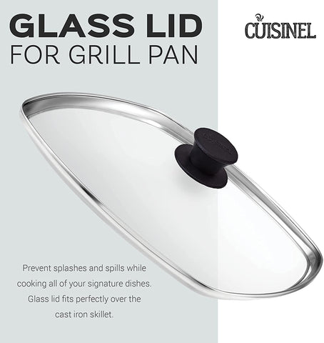 Image of Cast Iron Square Grill Pan + Glass Lid - 10.5" Pre-Seasoned Ridged Skillet + Handle Cover + Pan Scraper - Grill, Stovetop, Fire Safe - Indoor and Outdoor Use - for Grilling, Frying, Sauteing