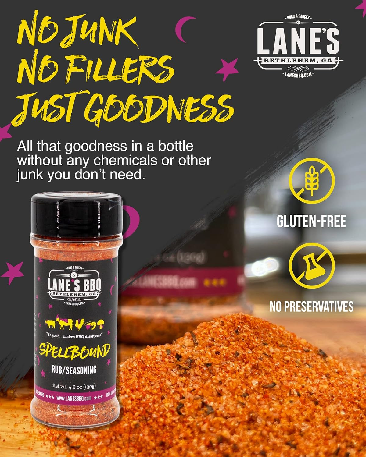 Lane'S Spellbound Pork Rub Seasoning - Premium Sweet and Smoky Pork Butt Rub, Rib Rub & Chicken Rub | Deep, Rich, Smoky Flavor | All Natural | Gluten Free | No MSG | NO Preservatives - 4.6Oz