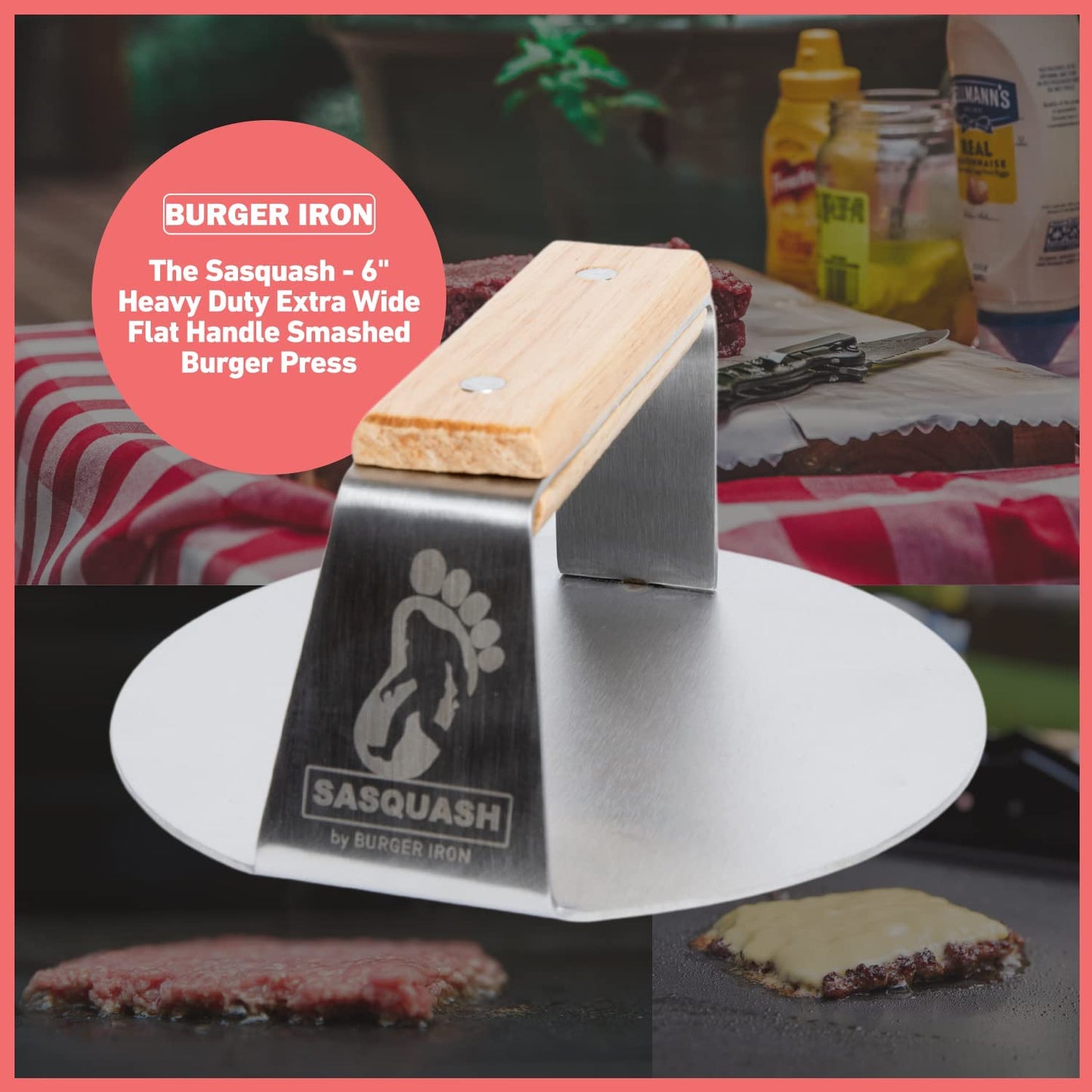 The Sasquash Indestructible Burger Smasher - Professional Grade Wide Flat Handle Smashed Burger Press - Heavy Duty One-Piece Welded Stainless Steel BBQ Griddle and Grill Tool