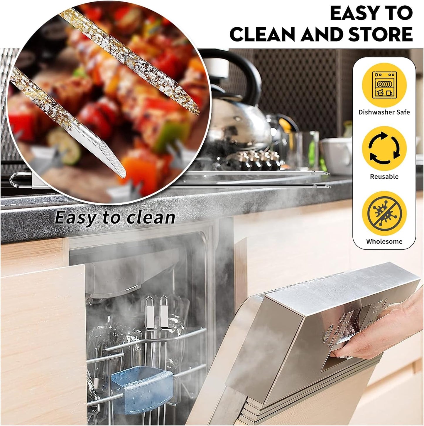 10PCS Kabob Skewers for Grilling,3,Double and Single Pronged Grilling Accessories,304 Stainless Steel Metal Skewers for Kabobs with Push Bar for Quick Release,With Storage Bag and Oil Brush