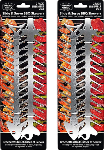 Proud Grill Slide & Serve BBQ Skewers - Set of 4 Stainless Steel Reusable Barbecue Skewers | Ideal for Grilling Shish Kabobs | Use for Beef, Pork, Chicken, Vegetable and Shrimp Kabobs.