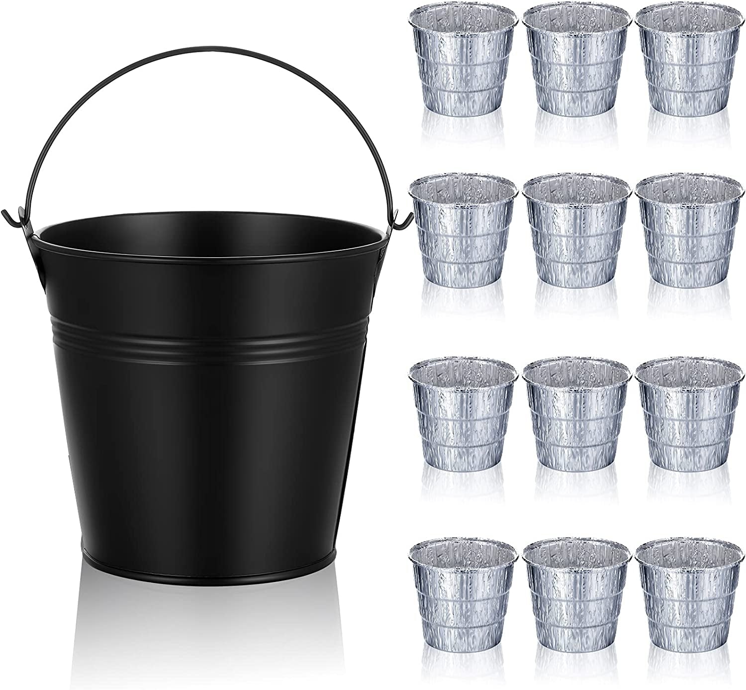 Drip Grease Bucket Can with 12 Pieces Disposable Foil Liners Grills Bucket Liners Wood Pellet Grills Replacement for Camp Wood Pellet Grill BBQ Accessories (Black)