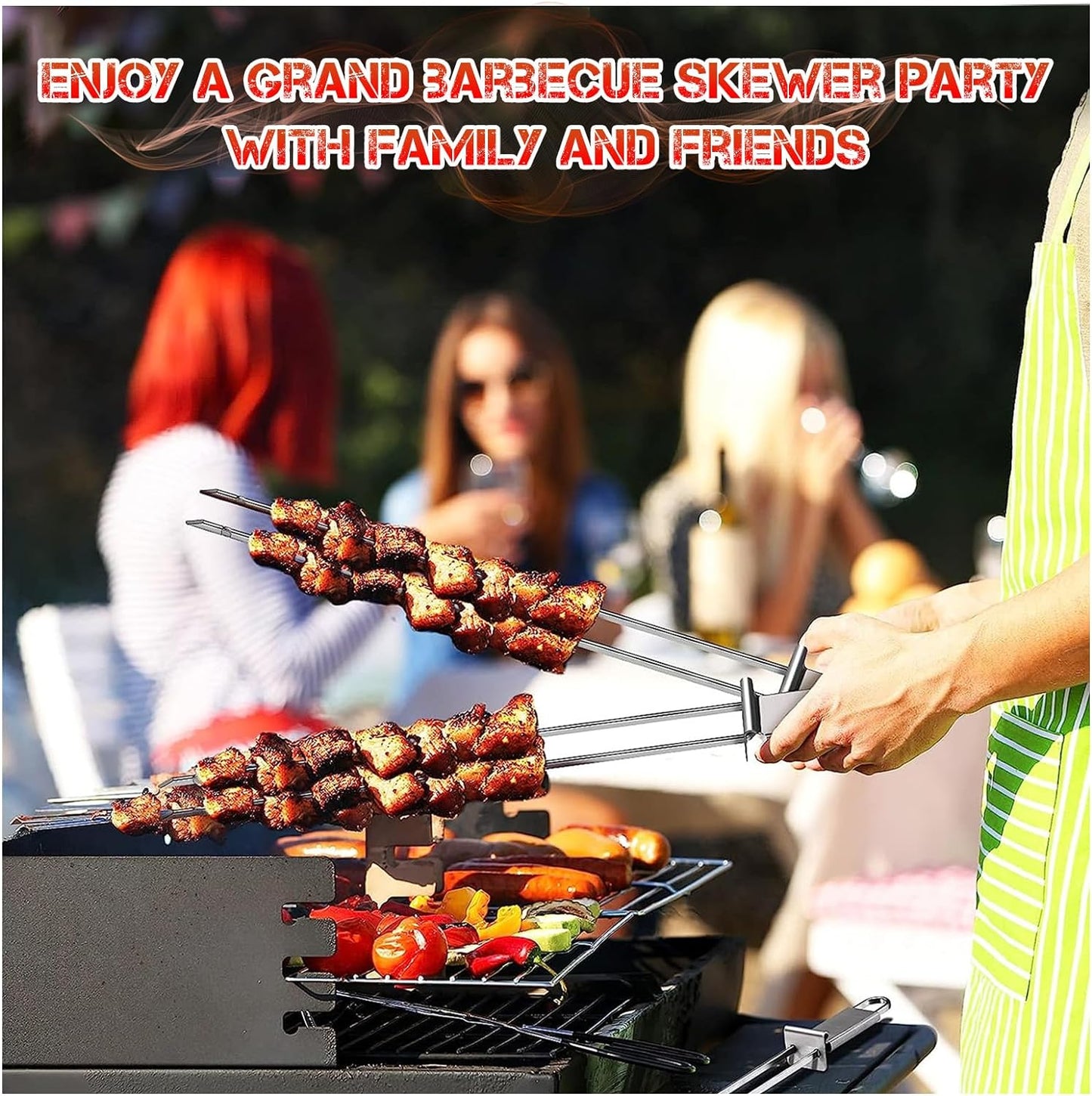 10PCS Kabob Skewers for Grilling,3,Double and Single Pronged Grilling Accessories,304 Stainless Steel Metal Skewers for Kabobs with Push Bar for Quick Release,With Storage Bag and Oil Brush