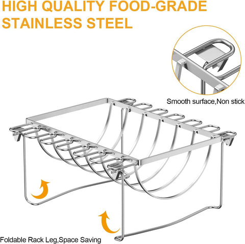 Image of BBQ-PLUS Rib Rack and Chicken Rack for Smoking and Grilling,Must Have Smoker Accessories for Oven,Outdoor Indoor Grilling,3 in 1 Designed,Stainless Steel