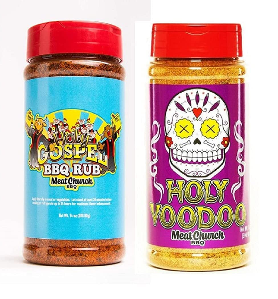 Meat Church BBQ Rub Combo: Holy Gospel (14 Oz) and Voodoo (14 Oz) BBQ Rub and Seasoning for Meat and Vegetables, Gluten Free, One Bottle of Each