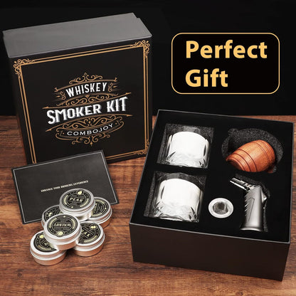 Whiskey Smoker Kit with Torch - 6 Flavors Wood Chips, 2 Glasses, 2 Ice Ball Molds - Cocktail Smoker Infuser Kit, Old Fashioned Drink Smoker Kit, Birthday Bourbon Whiskey Gifts for Men,Dad(No Butane)