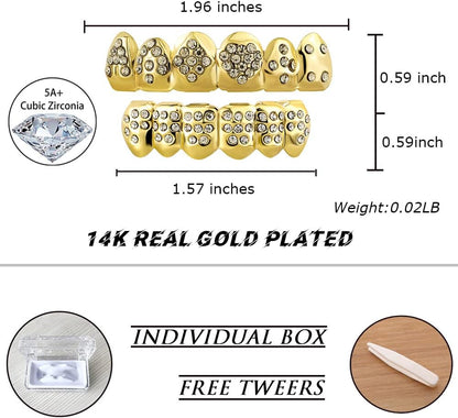 Grills for Your Teeth Gold Grillz Poker Heart Teeth Diamond Grillz for Men Women 18K Plated Iced Out Hip Hop Top & Bottom Face Grills for Teeth Rapper Costume Cosplay