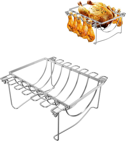 BMMXBI Foldable 3-In-1 Chicken Leg Rib Rack for Grill, Oven, Holds 12 Chicken Leg Wing, 6 Large Ribs, 1 Whole Chicken, Stainless Steel Rib Chicken Drumstick Roasting Racks Smoker Accessories