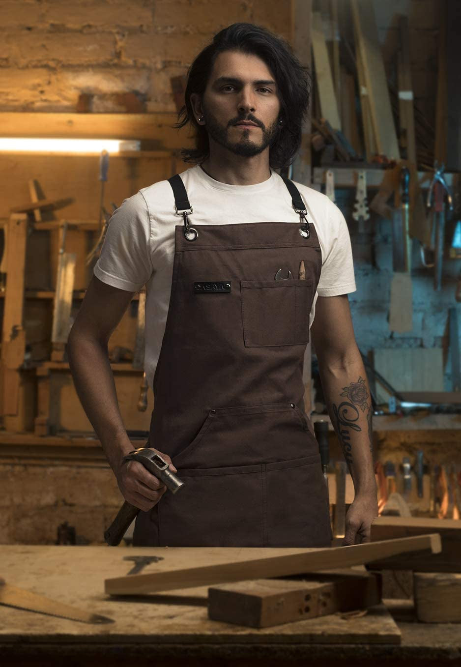 Chef, BBQ and Work Apron with Bottle Opener and Hand Towel - Durable 10Oz Cotton Canvas, Brass Hardware and Cross Back Straps - for Men, Women, Grilling, and Cooking (Brown)