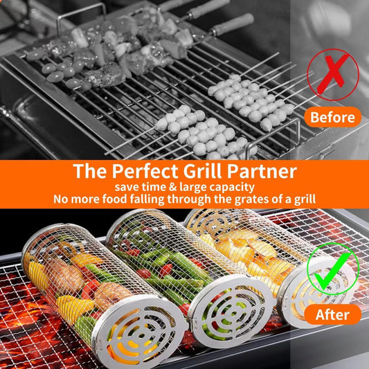 Wrakus Rolling Grilling Baskets for Outdoor - Grill Grate Charcoal round BBQ Stainless Steel Basket Campfire Grid Camping Picnic Cookware 1 (2PCS 300 * 90 90Mm)