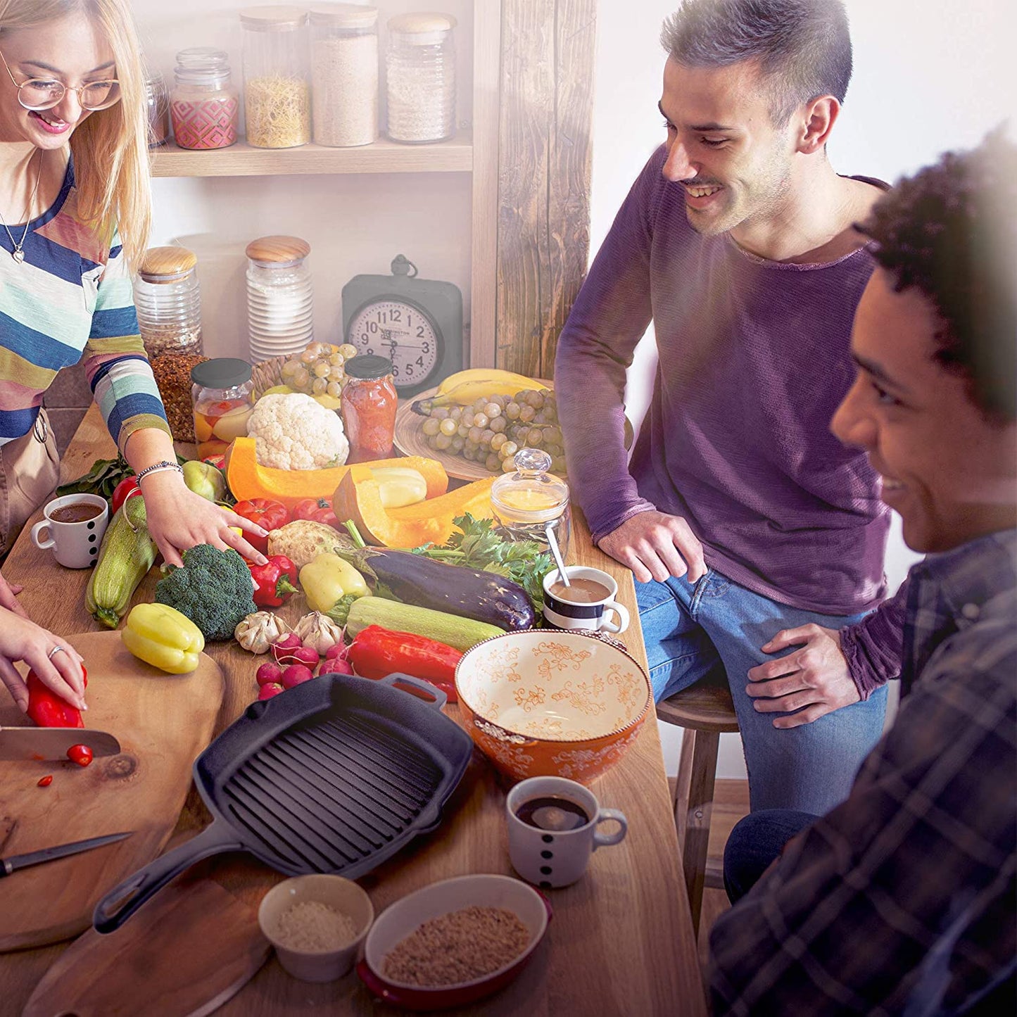 Cast Iron Square Grill Pan + Glass Lid - 10.5" Pre-Seasoned Ridged Skillet + Handle Cover + Pan Scraper - Grill, Stovetop, Fire Safe - Indoor and Outdoor Use - for Grilling, Frying, Sauteing