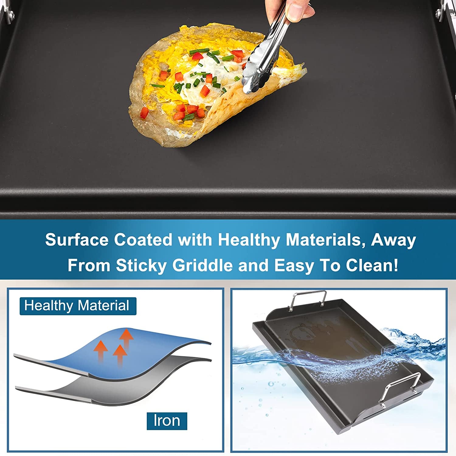 25" X 16" Nonstick Coating Cooking Griddle for Gas Grill, Universal Griddle Flat Top Plate Insert with Grease Groove and Removable Handles for Charcoal/Gas Grills, Camping, Tailgating, Parties