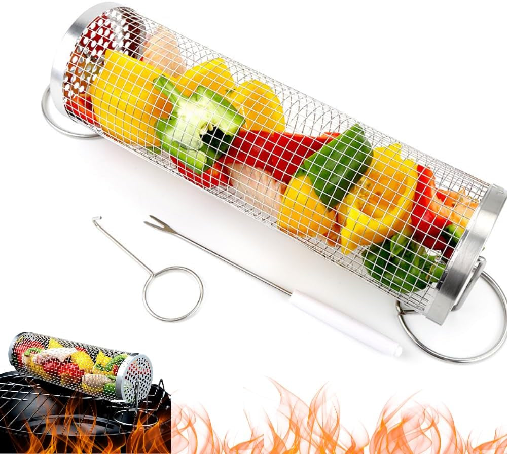 Rolling BBQ Grilling Basket for Outdoor | Versatile Stainless Steel Barbecue Grill | round Mesh Cylinder Accessories | Camping Rack for Cooking - 1 PCS