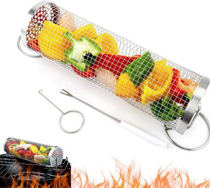 Rolling BBQ Grilling Basket for Outdoor | Versatile Stainless Steel Barbecue Grill | round Mesh Cylinder Accessories | Camping Rack for Cooking - 1 PCS