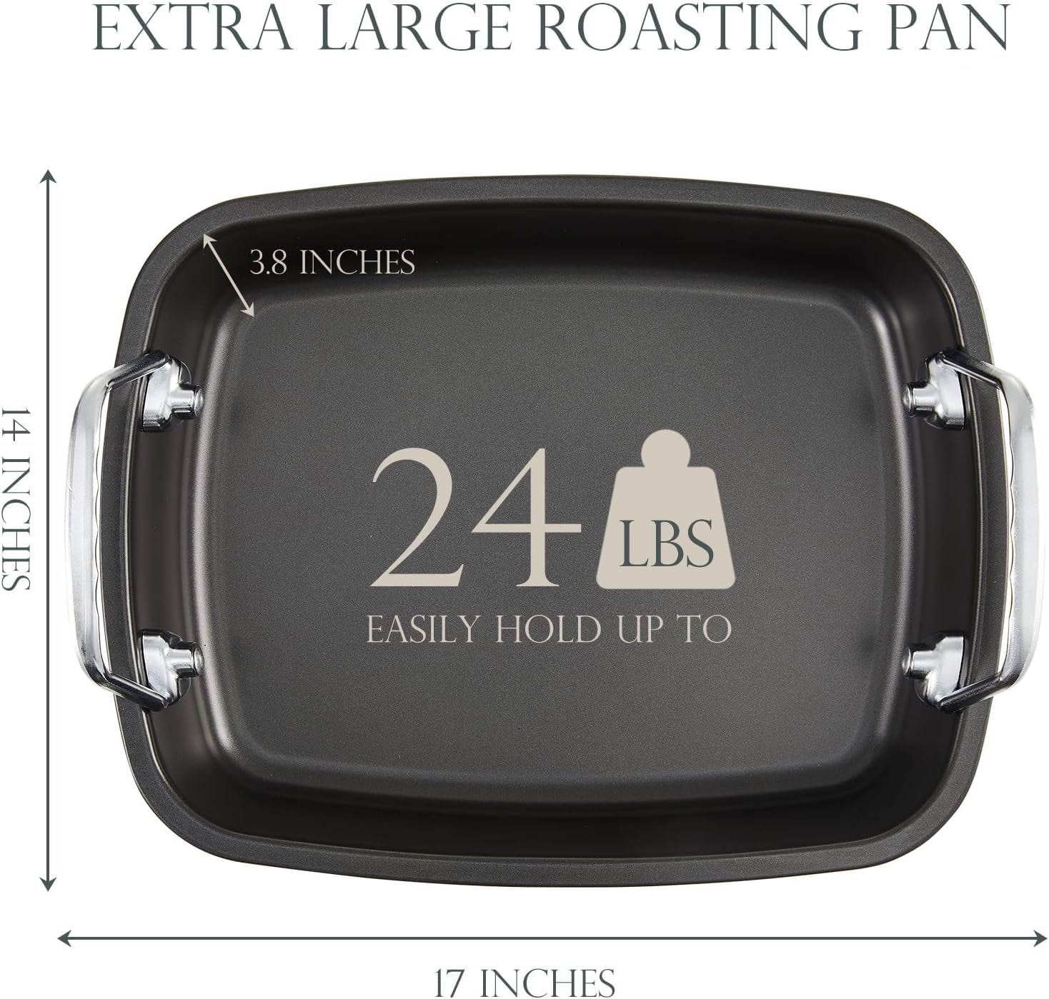 KITESSENSU Nonstick Turkey Roasting Pan with Rack 17 X 14 Inch - Large Chicken Roaster Pan for Oven - Wider Handles & Heavy Duty Construction - Suitable for 24Lb Turkey, Gray