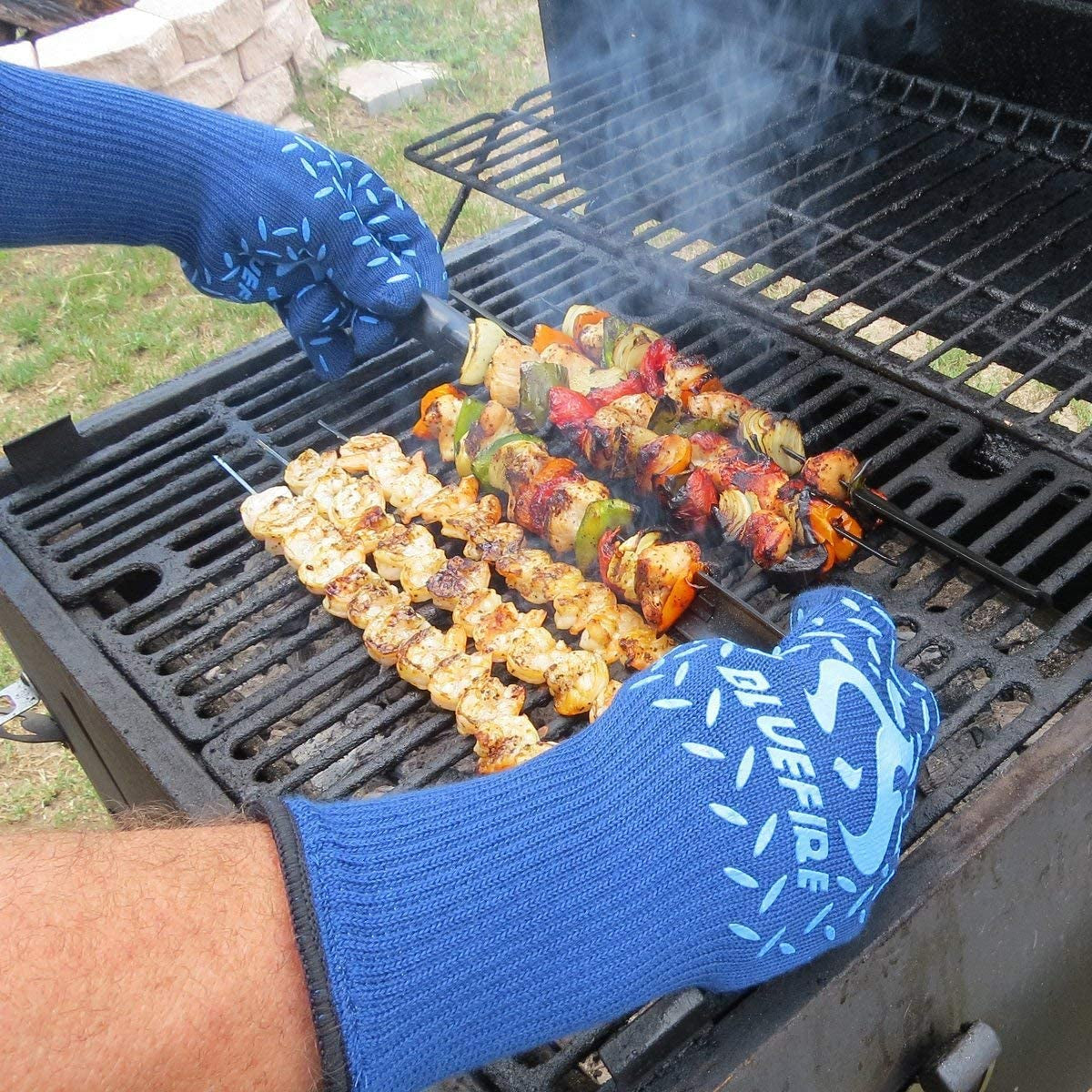 BBQ Grill Firepit Oven Mitts Highest Heat Resistance EN407 Lab Certified (X-Large, Blue)